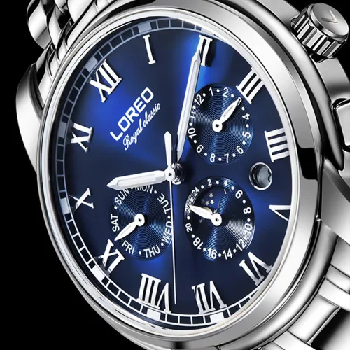 Vista 4 de LOREO - Reloj automático para hombre multifunción de acero inoxidable, cristal de zafiro, resistente al agua, color azul