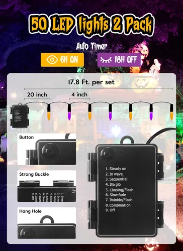Vista 3 de Luces de Halloween naranja púrpura para exteriores, 17.8 pies, 50 luces LED de Navidad con 8 modos, mini tira de luces impermeables a pilas para uso