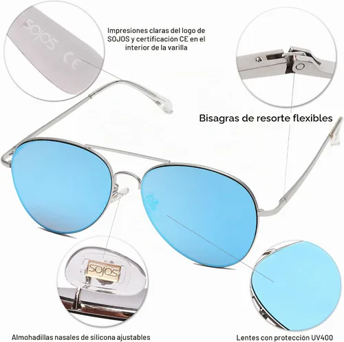 Vista 4 de SOJOS Gafas de sol clásicas de aviador para mujeres y hombres, marco de metal, bisagras de resorte SJ1030 Azul
