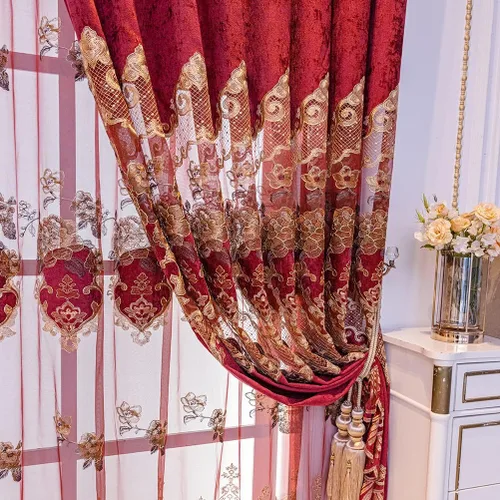 Vista 6 de ELKCA Cortina de felpilla bordada en rojo burdeos para sala de estar, cortinas florales de felpilla de lujo para dormitorio, ojales en la parte