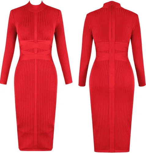 Vista 4 de UONBOX Vestido de manga larga para mujer, con tirantes cruzados, acanalado, para club, fiesta, midi