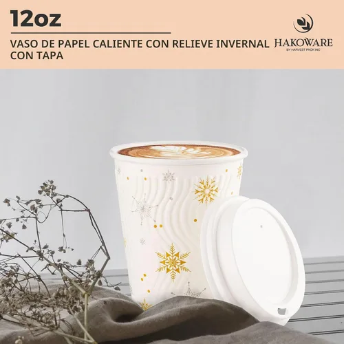 Vista 3 de Tazas de café desechables de Navidad de 12 oz con tapas Copo de nieve