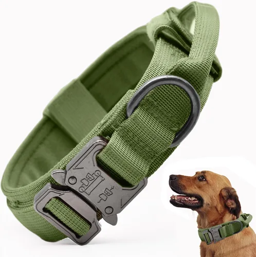 Vista 8 de Collar táctico para perro, collar ajustable de nailon para entrenamiento militar con mango de control y hebilla metálica de liberación rápida pesada