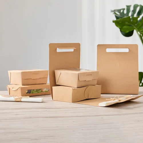Vista 4 de Restaurantware Bio Tek - Loncheras de papel de 8.75 x 4.25 x 8 pulgadas con asas, 100 recipientes desechables de papel kraft para alimentos