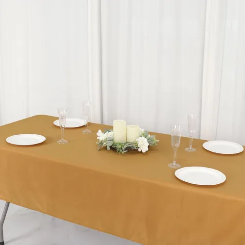 Vista 4 de TABLECLOTHSFACTORY - Mantel rectangular de poliéster para banquete de boda, fiesta, restaurante, 54 x 96 pulgadas, color dorado