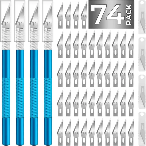 Vista 13 de Exacto - Cuchillo de manualidades, cuchillo de pasatiempo, paquete de 74 con 4 cuchillos afilados actualizados y 70 cuchillas de repuesto para arte