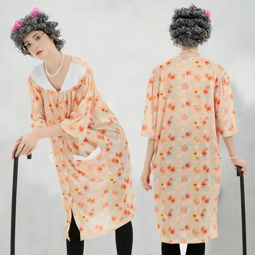 Vista 5 de Old Lady Costume for Women Kids,8Pcs Grandma Cosplay Set for 100th Day of School Granny Costumes Halloween Accessories
