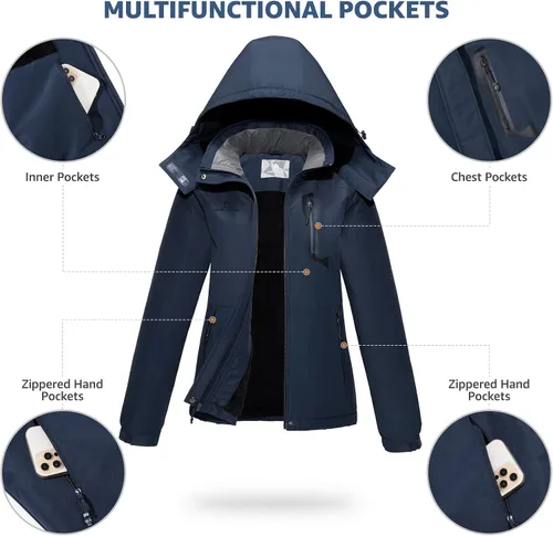 Vista 6 de CAMELSPORTS Chaqueta impermeable de esquí de montaña para mujer, con forro polar, impermeable, resistente al viento, con capucha para otoño e