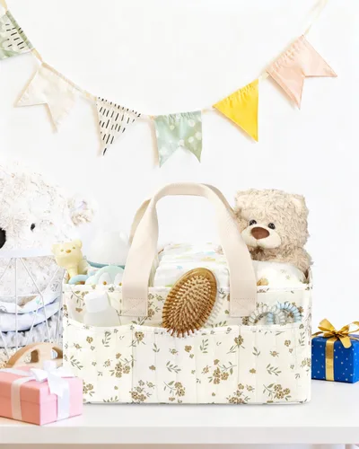 Vista 7 de BuyCard Organizador floral de pañales para bebé, cesta de almacenamiento acolchada grande con asa, regalo para baby shower, regalo para padres