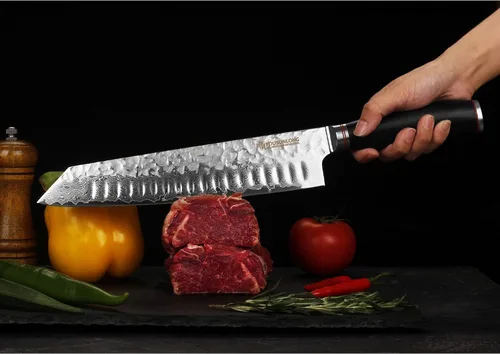 Vista 7 de YOUSUNLONG Kiritsuke - Cuchillo de chef japonés de acero Danascus de 10 pulgadas, afilado, mango de madera de plomo natural con funda de cuero
