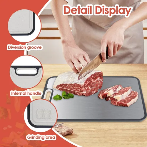 Vista 5 de 2 tablas de cortar de doble cara resistentes de acero inoxidable y polipropileno para cocina con área de molienda, tabla de cortar carne, apta