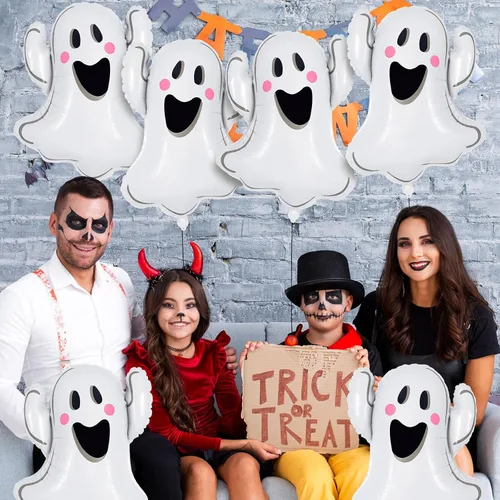 Vista 5 de 6 globos de fantasma de Halloween, globos de aluminio con forma de fantasma blanco, globos grandes de Mylar para decoración de fiesta temática