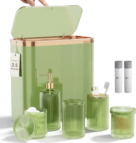 Vista 10 de Juego de accesorios de baño de cristal negro, 5 piezas, dispensador de jabón acanalado vintage, soporte para cepillo de dientes, vaso, tarro Qtip
