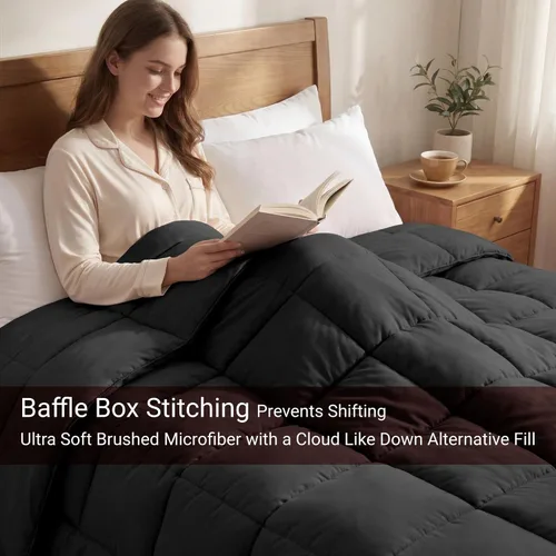 Vista 4 de Superior Edredón de microfibra cepillada sólida, ropa de cama alternativa al plumón, reversible, peso medio, esponjoso, decorativo, funda para Negro