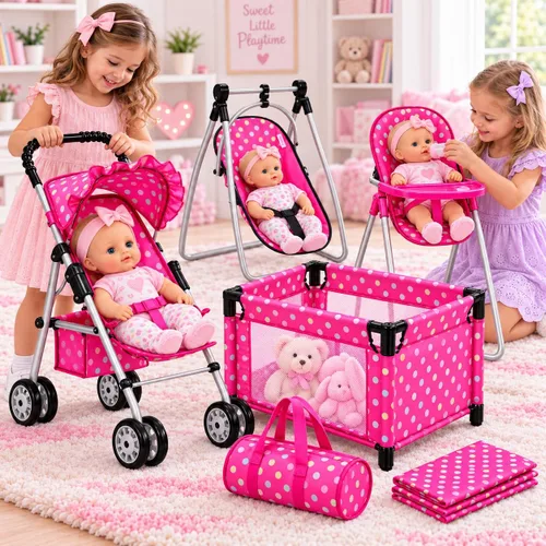 Vista 8 de Fash n kolor Juego de Muñeca Bebé de 3 Piezas – Parque Infantil de Diseño de Lunares, Cochecito de Muñeca Plegable, Silla Alta – Compatible