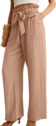 Vista 2 de IWOLLENCE - Pantalones de pierna ancha para mujer con bolsillos, cintura alta, nudo ajustable, holgados, casuales, para trabajo y negocios