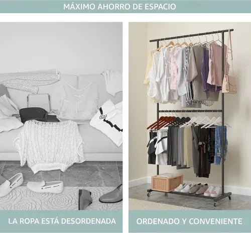 Vista 8 de Sywhitta Perchero de Ropa de Doble Barra Rodante, Organizador de Ropa con Ruedas para Colgar Ropa, Fácil de Ensamblar, Ajustable, Negro