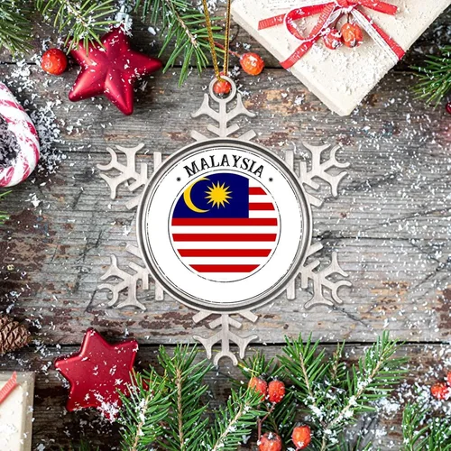Vista 7 de Bandera de Malasia Adornos de Navidad para niños, bandera nacional, silueta de Malasia, decoraciones de Navidad, regalo de metal copo de nieve