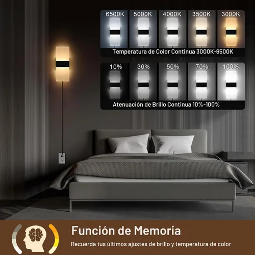 Vista 2 de GOODATE Aplique de pared enchufable con colores ajustables sin escalones de 3000K-6500K y brillo del 10%-100%, luz de pared LED acrílica de 12W