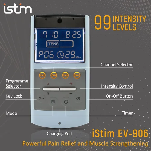 Vista 3 de iStim Estimulador muscular TENS EMS, EV-906 para alivio del dolor y fortalecimiento muscular, electrodos gelificados japoneses incluidos