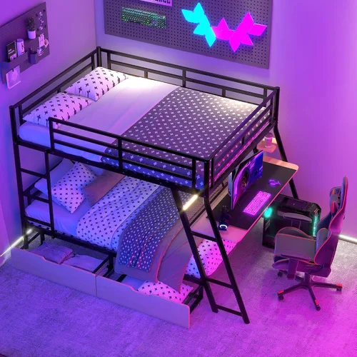 Vista 4 de Litera de metal de tamaño matrimonial sobre tamaño matrimonial con escritorio integrado, litera de estilo moderno con marco de acero resistente