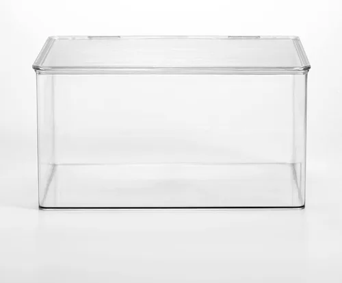 Vista 3 de mDesign Caja apilable de plástico con tapa con bisagras para cocina, despensa, armario, nevera/congelador, caja organizadora ancha para aperitivos