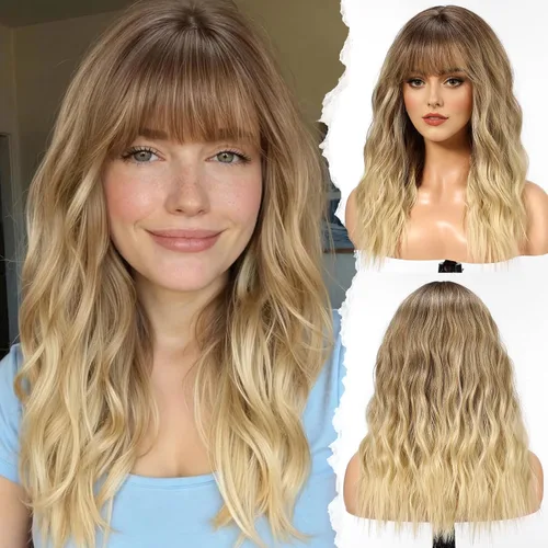 Vista 9 de HAIRCUBE Peluca larga con flequillo, pelucas sintéticas onduladas para mujer, color castaño rojizo