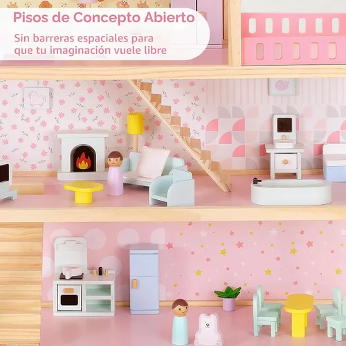 Vista 3 de Pillowhale - Casa de muñecas de madera, moderna casa de muñecas con accesorios para muebles Rosa