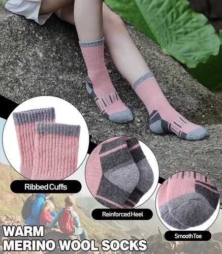Vista 2 de LINEMIN Calcetines de senderismo de lana merino para niños y niñas, cálidos, gruesos, térmicos, acolchados, para invierno, 6 pares