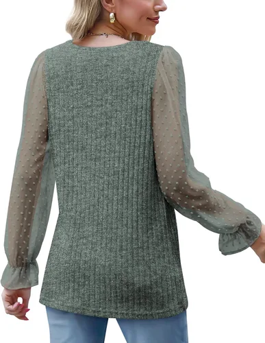 Vista 4 de OFEEFAN Blusa holgada de manga larga con cuello redondo y lunares suizos para mujer