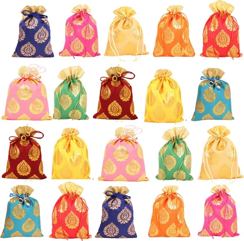 Vista 22 de Touchstone Preciosas bolsas de regalo reutilizables, respetuosas con el medio ambiente, brocado de cachemira con cordón grande para cumpleaños