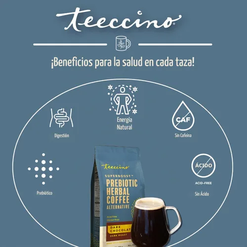 Vista 4 de Teeccino Chocolate Oscuro Prebiótico SuperBoost™ Alternativa al Café - Apoya los Probióticos con Café Herbal Sin Cafeína que Contiene 3 Prebióticos