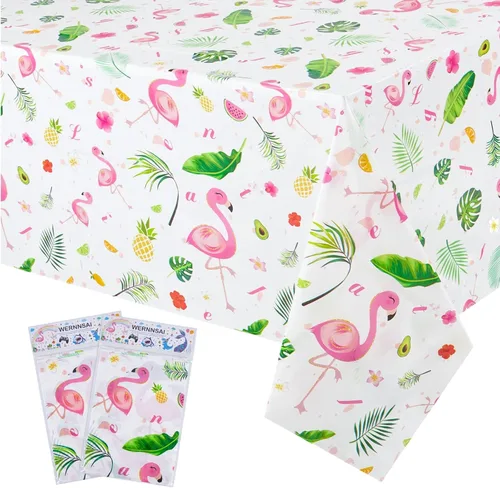 Vista 9 de WERNNSAI - Mantel de flamenco – 1 paquete de 108 x 54 pulgadas, mantel tropical Luau Decoraciones de fiesta de flamenco hawaiano rosa, mantel