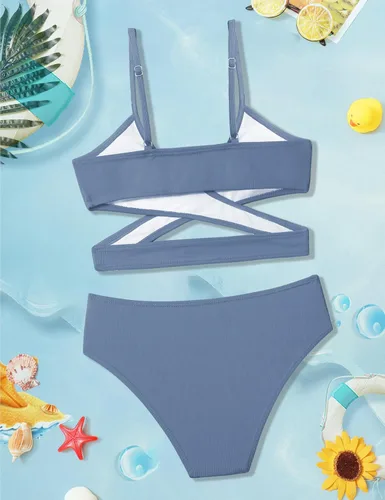 Vista 5 de Conjunto de bikini para niñas, traje de baño de dos piezas, traje de baño cruzado para niñas