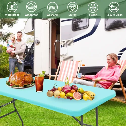 Vista 5 de Pack de 6 manteles de picnic elásticos ajustados para mesas rectangulares de 6 pies, impermeables, lavables, de spandex para patio, plegables