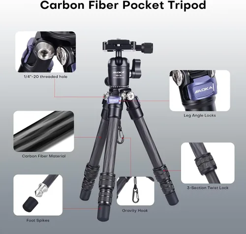 Vista 3 de AOKA Mini trípode de fibra de carbono de 15.75 pulgadas/0.99 libras, trípode compacto de bolsillo de mesa para teléfonos móviles, cámaras sin