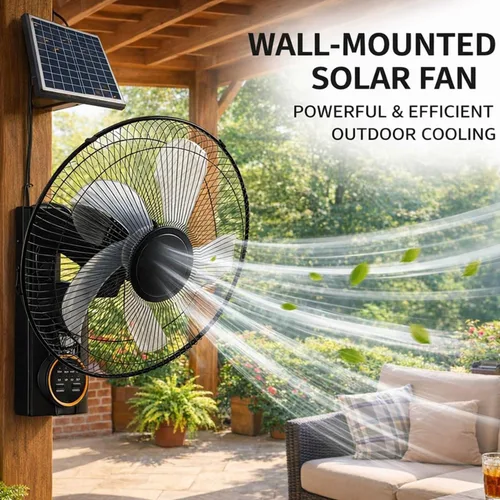 Vista 2 de Ventilador solar para exteriores de 16 pulgadas con control remoto, ventilador solar de montaje en pared, 5 aspas, 3 velocidades, temporizador