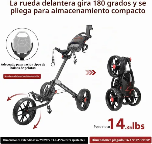Vista 5 de Caddytek CaddyLite 15.3 V2 Carrito de Golf Empujable - Carrito de Aluminio Plegable Ligero con Ruedas de EVA, Freno de Pie, Mango Ajustable, Soporte