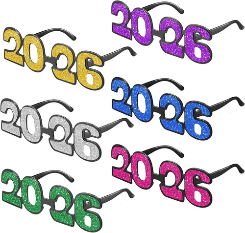 Vista 8 de Kanayu 6 pares de anteojos de Nochevieja con purpurina 2026, número 2026, lentes de sol para suministros de fiesta (colores coloridos)