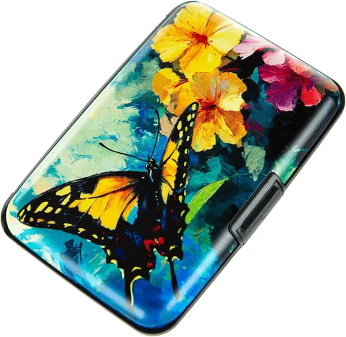Vista 27 de Soporte para tarjetas de crédito, cartera de metal para tarjetas de bloqueo RFID, mini funda rígida de aluminio delgada para tarjetas de negocios A