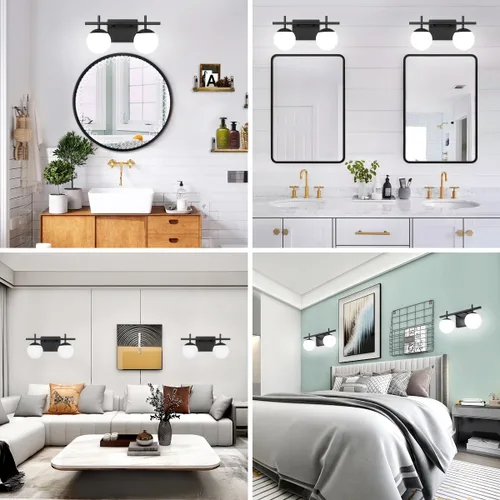 Vista 4 de Accesorios de iluminación de baño sobre espejo, luces de tocador negras para baño con vidrio esmerilado blanco, accesorios de iluminación de tocador