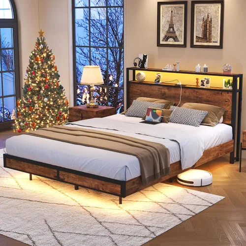Vista 9 de BedsPick Marco de cama tamaño completo con cabecero de almacenamiento de 2 niveles, marco de cama de plataforma de metal resistente con estación