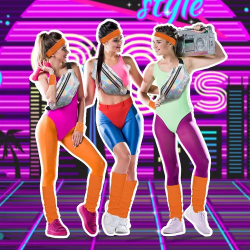 Vista 4 de SATINIOR Juego de calentadores de piernas de neón de los años 80 para mujer, cangurera holográfica, calentadores de piernas de punto, muñequeras