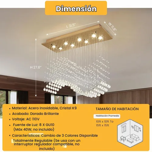 Vista 9 de Siljoy Candelabro de Cristal Rectangular Dorado para Comedor, 31.5'' Candelabro de Cristal Moderno con Gotas de Lluvia Onduladas, Lámpara Colgante