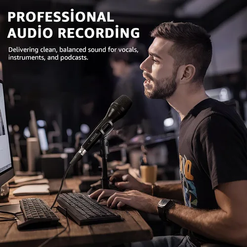Vista 2 de Micrófono con cable para canto, micrófono vocal dinámico profesional de karaoke de mano, micrófono de estudio cardioide, 16.4 pies XLR y 6.35 MM