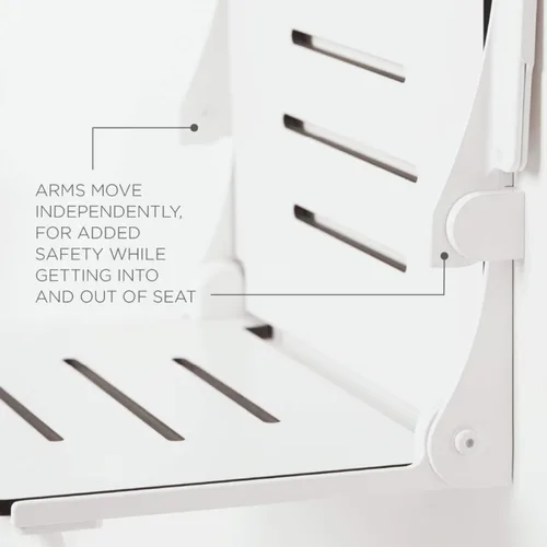 Vista 6 de Seachrome Silhouette Comfort Plus Asiento plegable resistente para ducha de montaje en pared con reposabrazos y patas, asiento blanco con marco