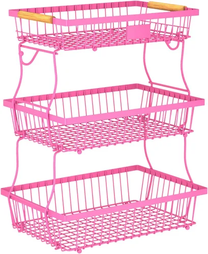Vista 12 de Cesta de frutas de 2 niveles para encimera de cocina con 2 ganchos para plátanos, cesta de pan de metal para encimera con mango de madera, soporte