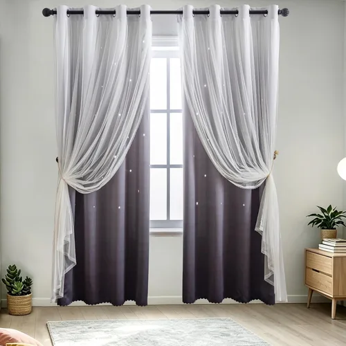 Vista 17 de indistar Cortinas opacas con recortes de estrellas para dormitorio de niña, cortinas de oscurecimiento para habitación de bebé, cortinas