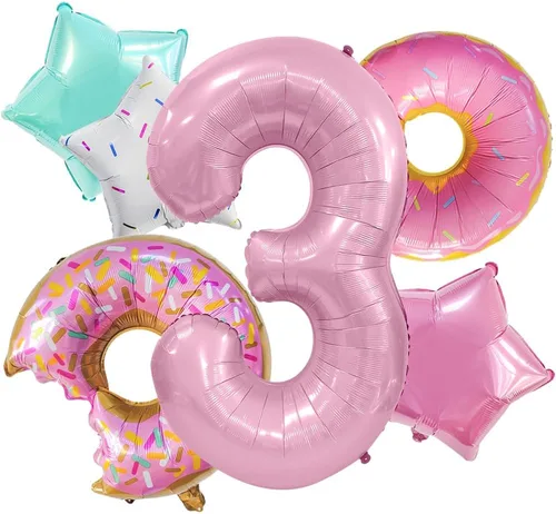 Vista 13 de Decoraciones de dona para el primer cumpleaños, suministros de decoración de fiesta de cumpleaños para niñas, 40 pulgadas, color rosa, 6 globos