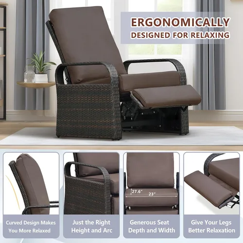 Vista 5 de Babylon Sillón reclinable de mimbre para exteriores, silla reclinable ajustable para patio con cojines de 14 cm de grosor y otomana, resistente a